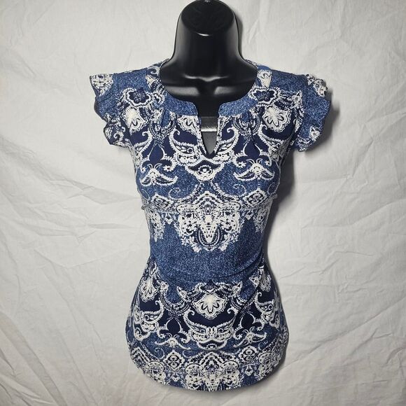 Y2k whimsical blue abstract boho cap sleeve top - Picture 1 of 4